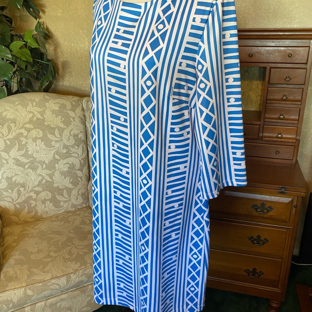 Blue & White Geometric Pattern Pullover Dress (Co… - image 2